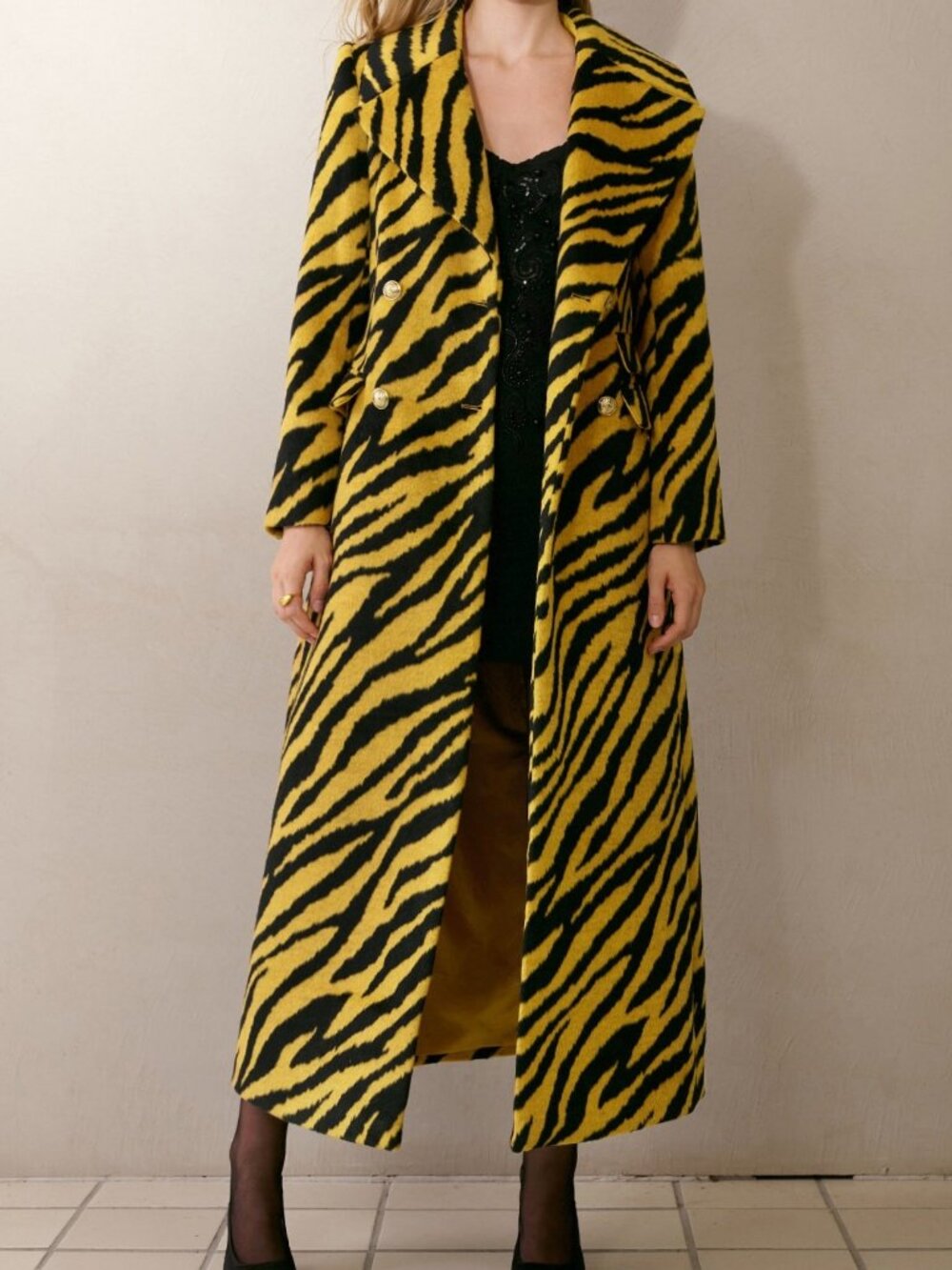 Yellow & Black Preppy Women's Animal Print Long Coat